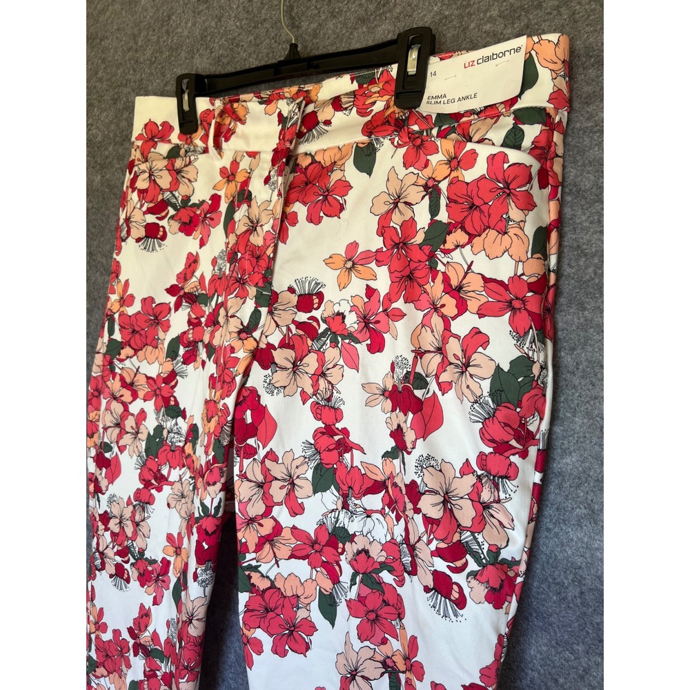 LIZ CLAIBORNE Emma Slim Leg Ankle Pants 14 White Floral Pink Orange Stretch NWT - Picture 15 of 16